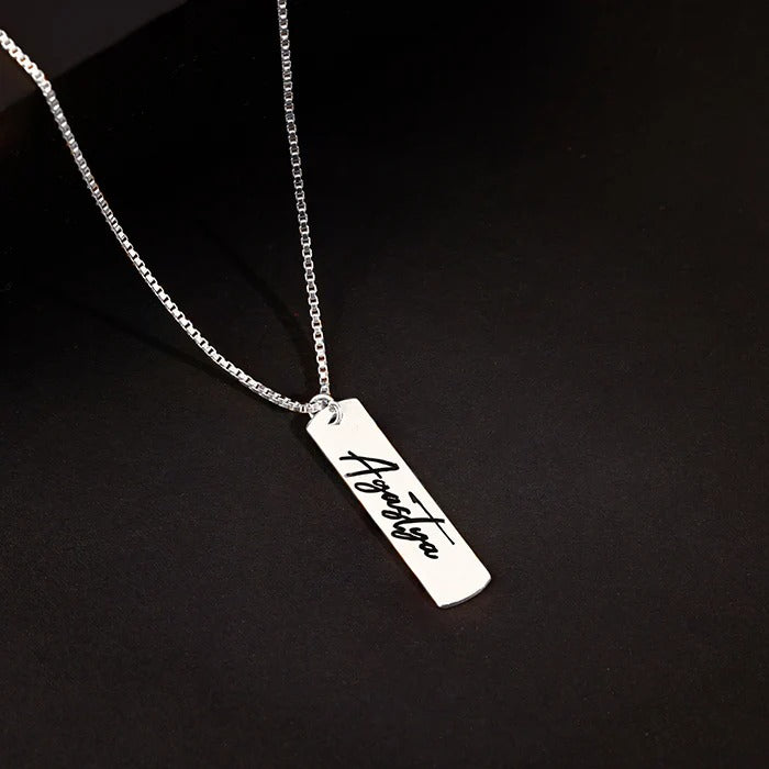 Silver Personalised Vertical Bar Name Pendant with Box Chain For Him